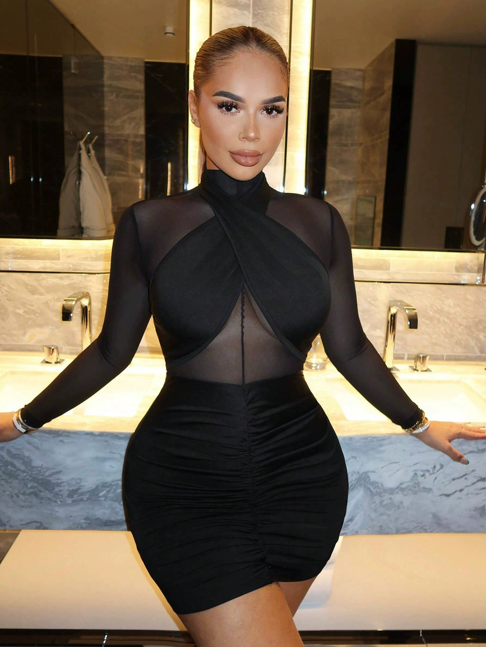 Zara Spring Autumn Strapless Mesh Bodycon Dress